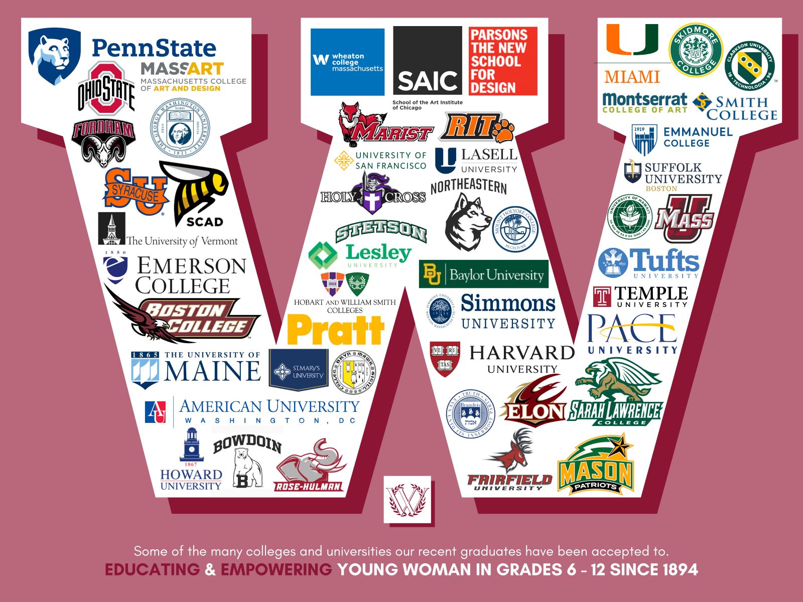 Graphic of W with College logos for schools listed on this page where students have attended