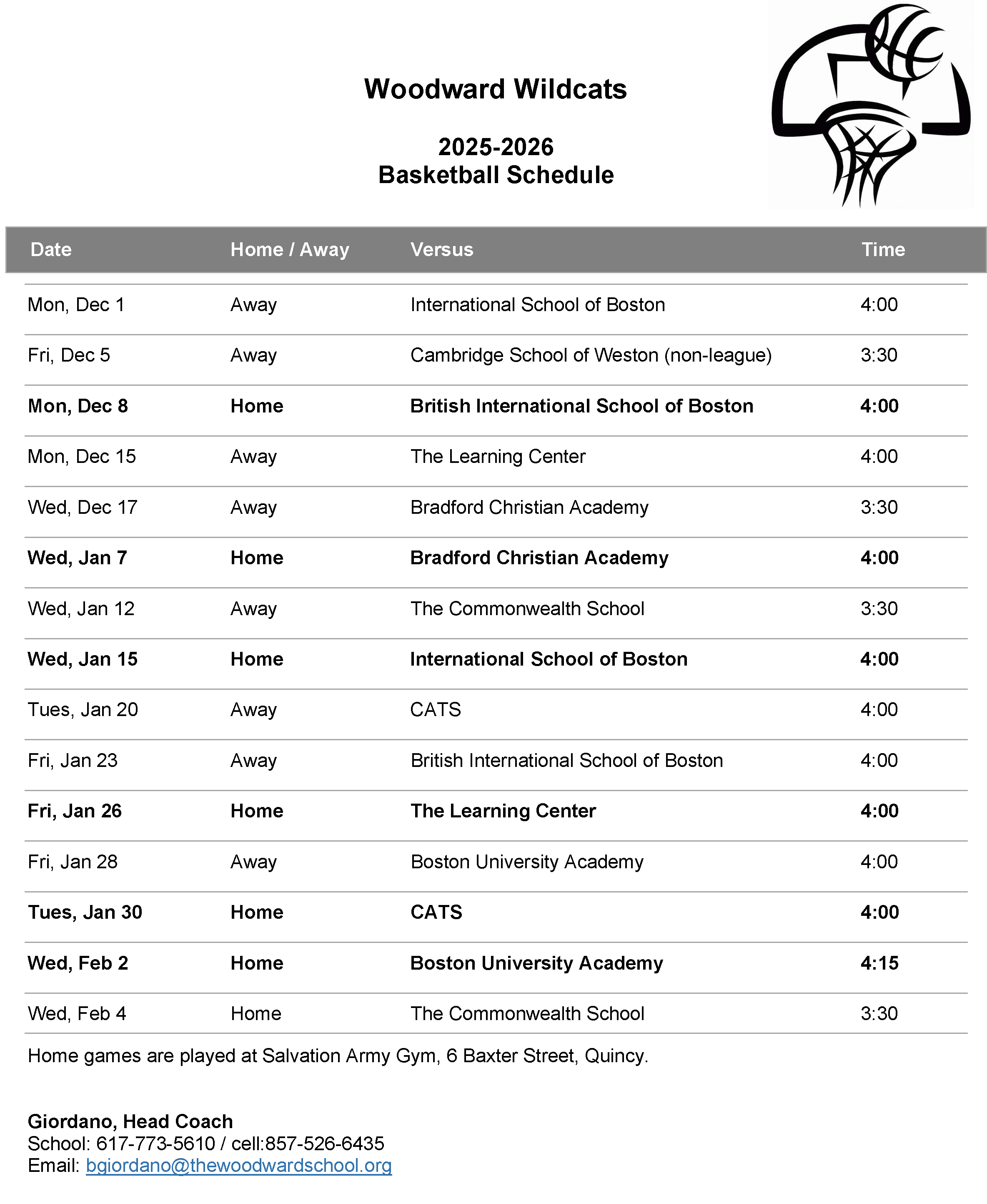 Image of Woodward Basketball Schedule for 2025 - 2026 with link to pdf for download