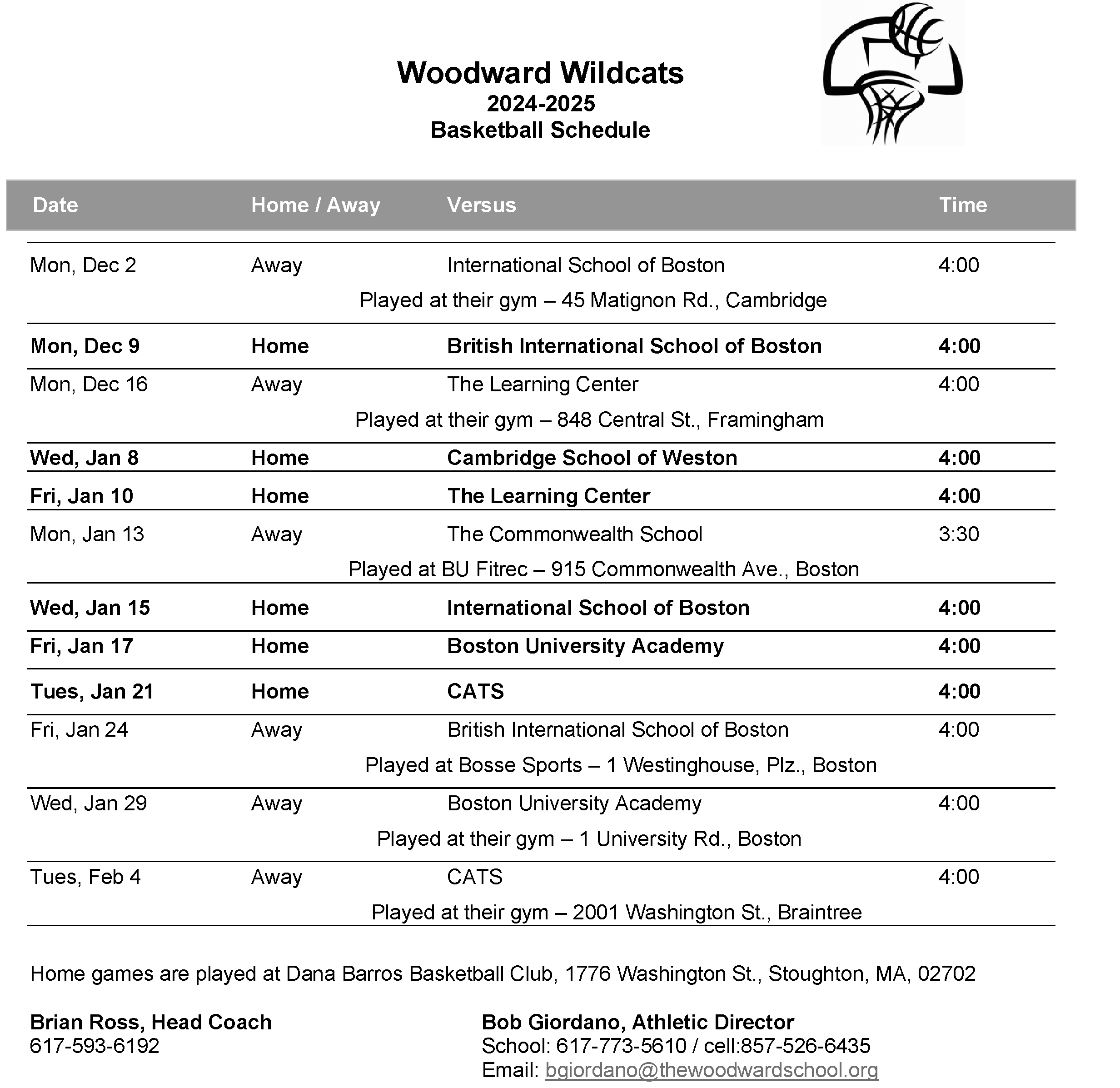 Image of Woodward Basketball Schedule for 2024 - 2025 with link to pdf