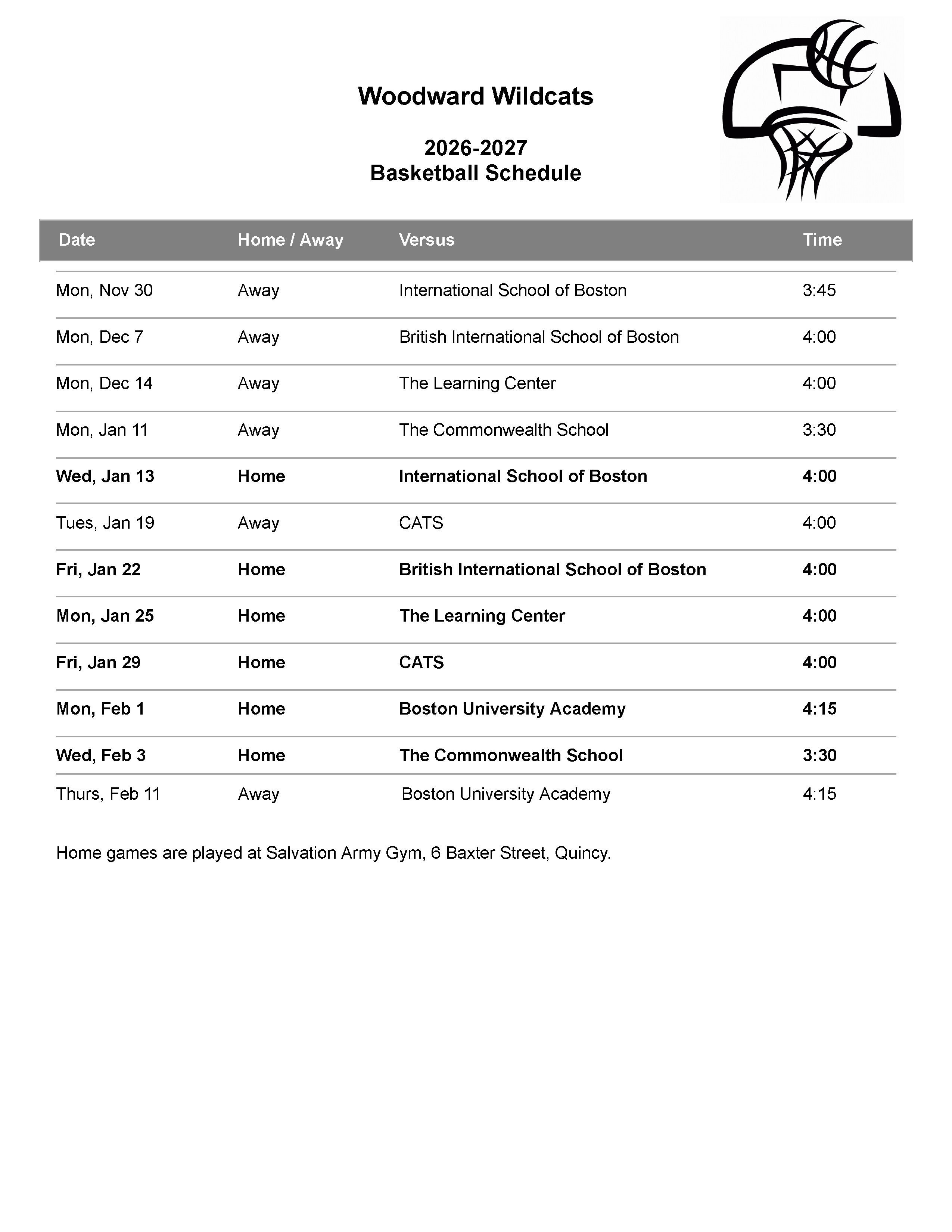 View the Basketball Schedule in pdf Image of Woodward Basketball Schedule for 2026 - 2027 with link to pdf for download