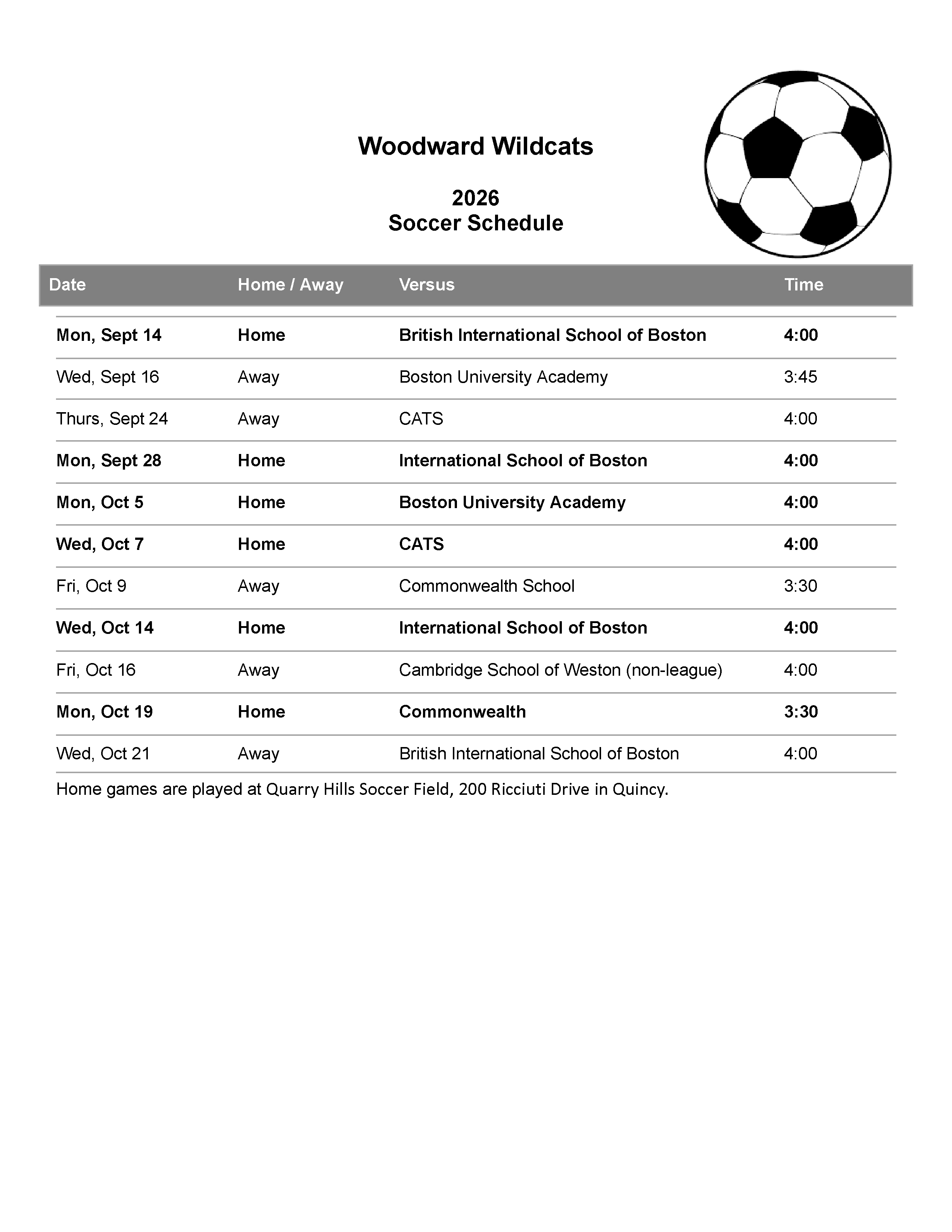Image of Woodward Soccer Schedule for 2026 with link to pdf