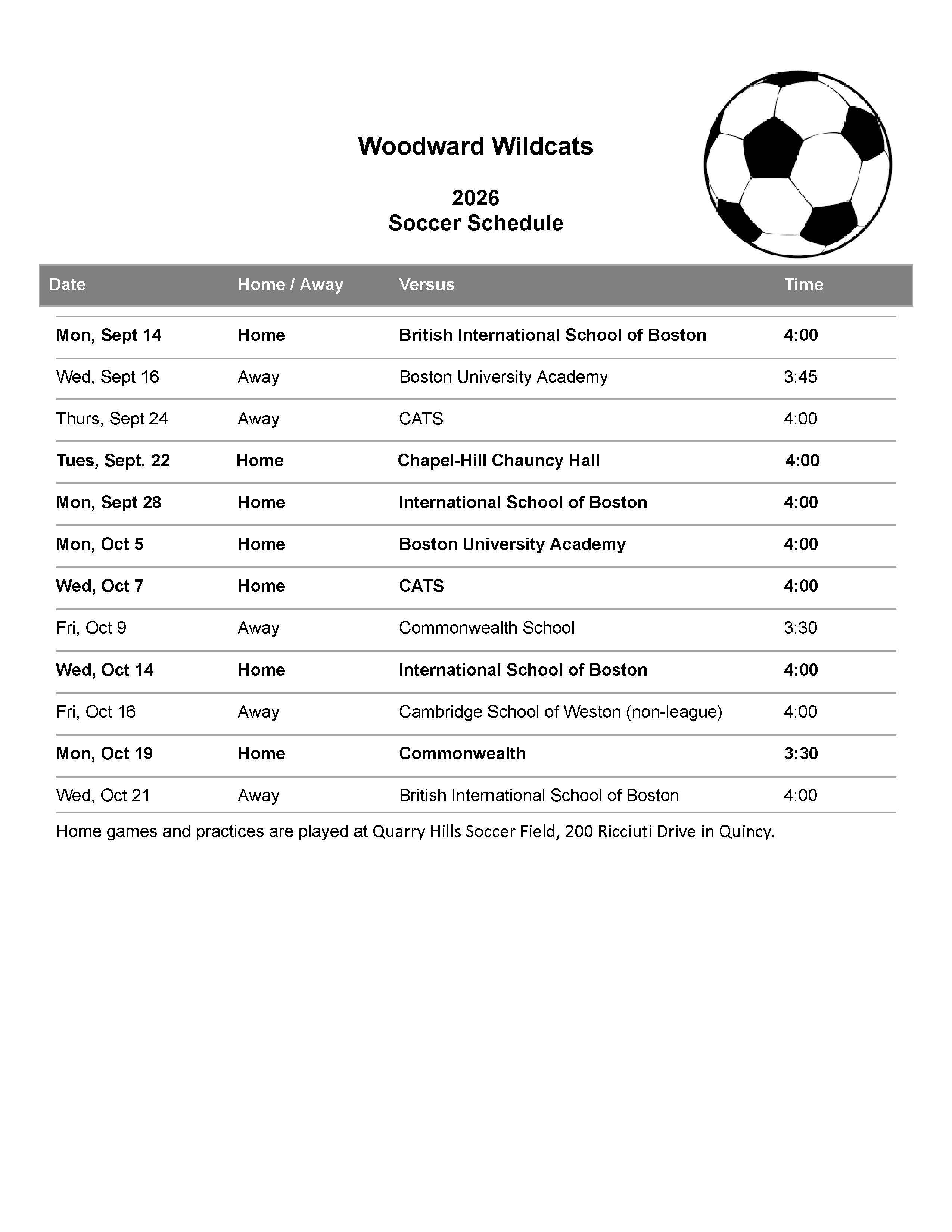 Image of Woodward Soccer Schedule for 2026 with link to pdf
