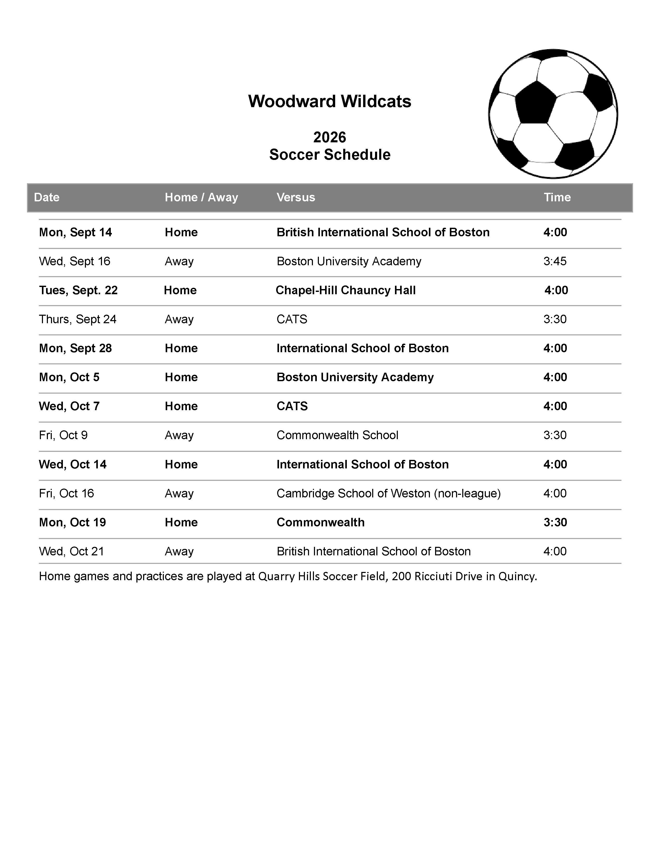 Image of Woodward Soccer Schedule for 2026 with link to pdf