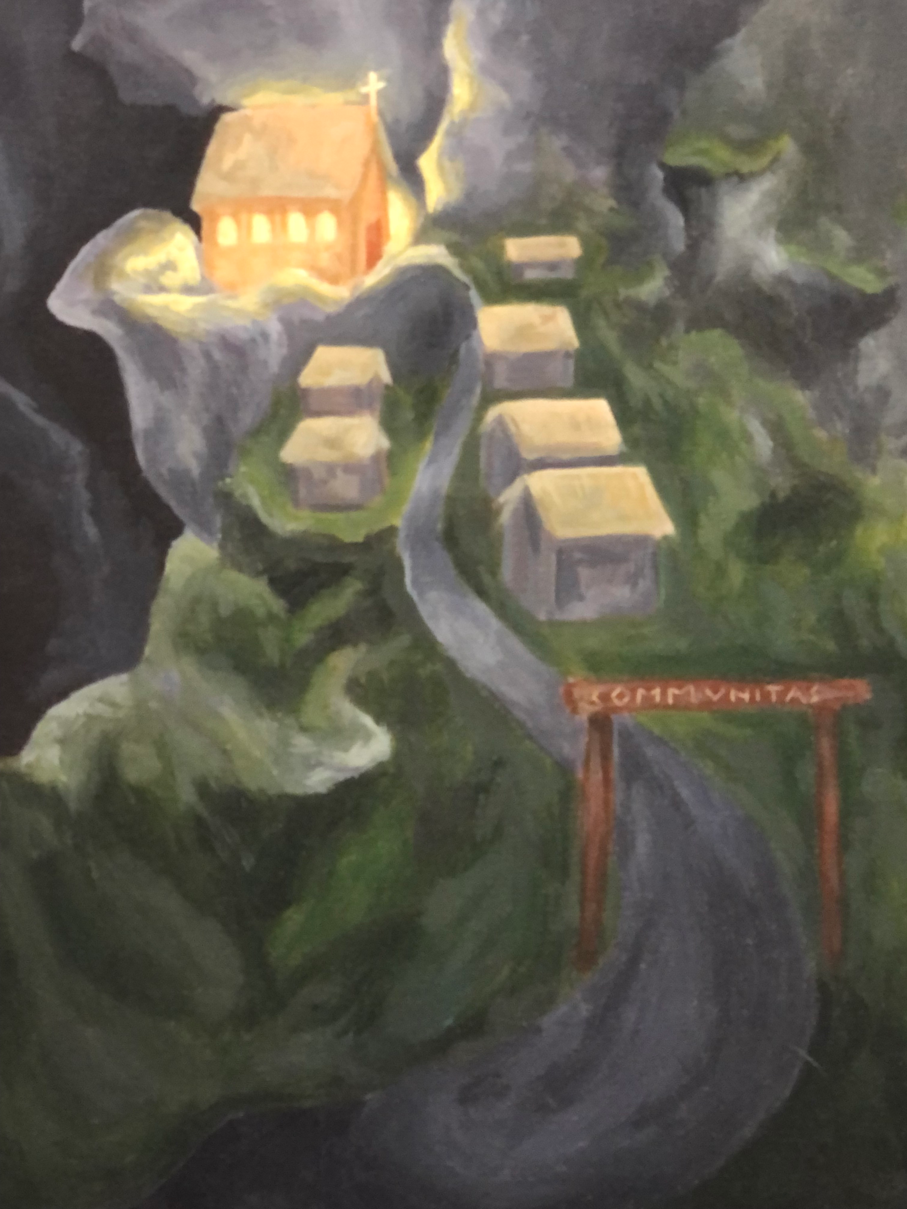 painting of mountain with lighted church